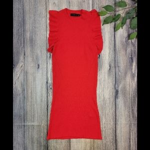 Vitamina Red Ribbed Flutter Sleeve Dress